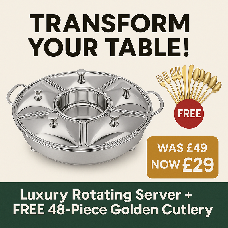 ✨ Luxury Dining Set – Rotating Buffet Server + 48-Piece Gold Cutlery